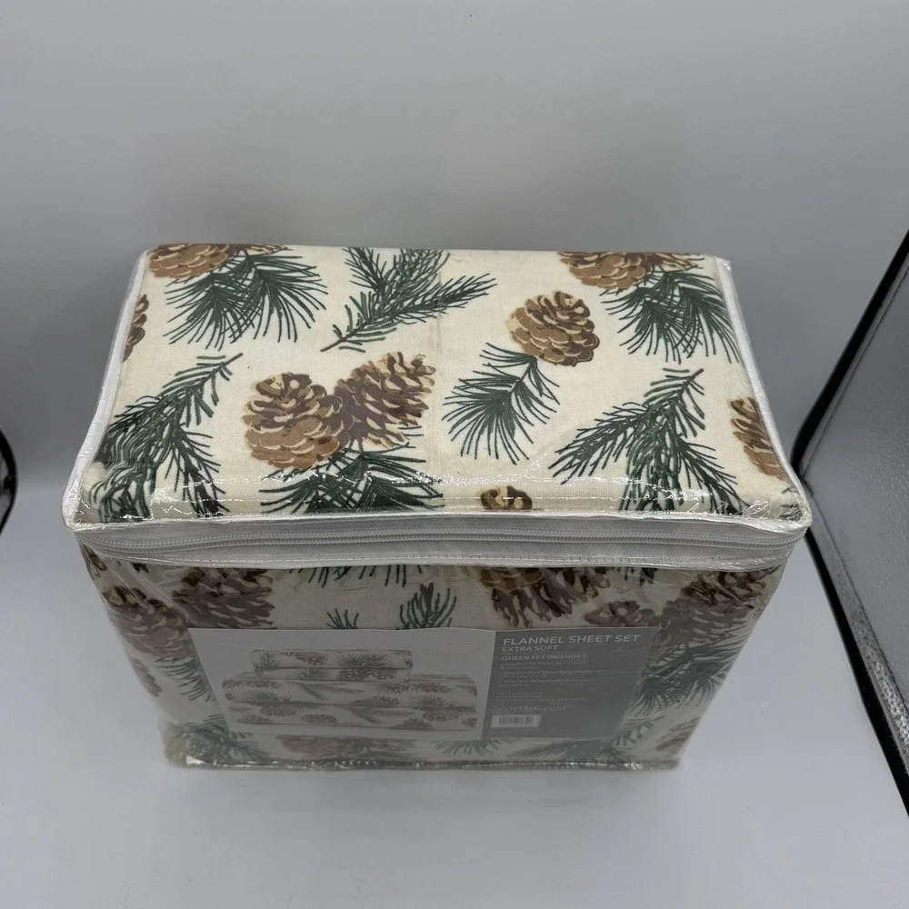 North Crest Home Flannel Sheet Set QUEEN Extra Soft Pine Cones Trees NEW